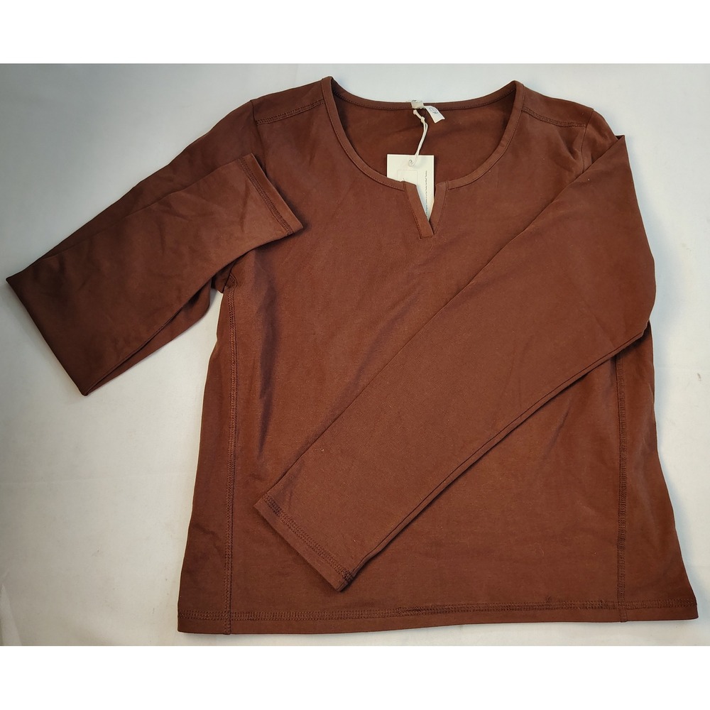 NWT Pact Organic Cotton Long Sleeve Notch Neck Top Boho Earthy Brown Essential L